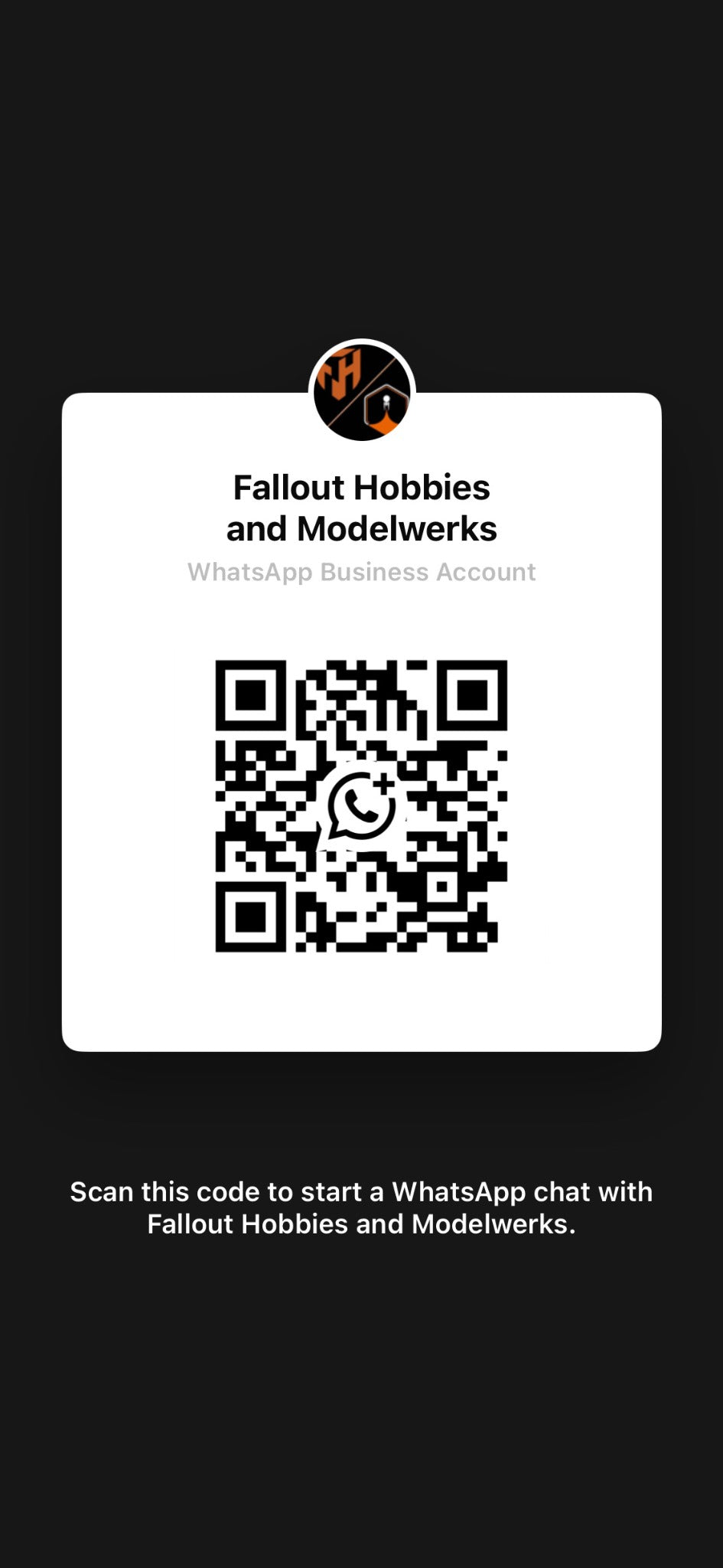QR code for the official Fallout Hobbies and Modelwerks WhatsApp account